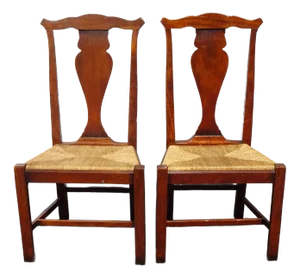 Pair of Vintage French Country Brown Rush Seats Side Chairs