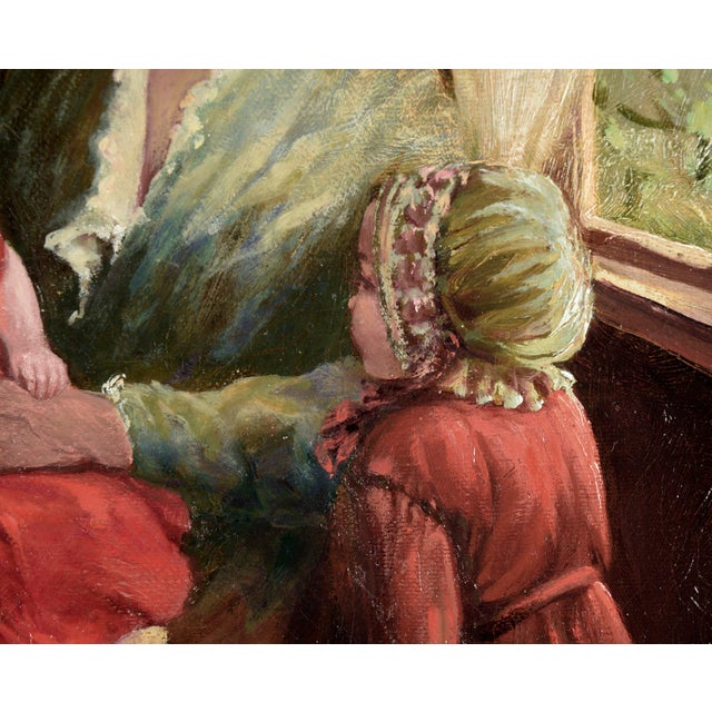 Red Woman With Two Children in Red - Dutch Style Interior Scene in Oil on Canvas by Joseph Tomanek For Sale - Image 8 of 9