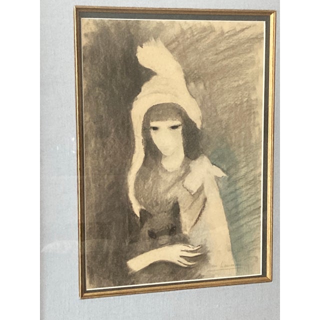French Marie Laurencin Female French Artist Fille Avec Chat Signed Marie Laurencin' (Lower Right) Charcoal Wash and Crayon on Paper Laid Down to Board For Sale - Image 3 of 12