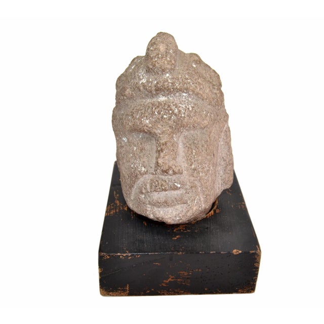 1940s Vintage Hand Sculpted Stone Head Sculpture on Formfit Hand Carved Wooden Base For Sale - Image 5 of 11