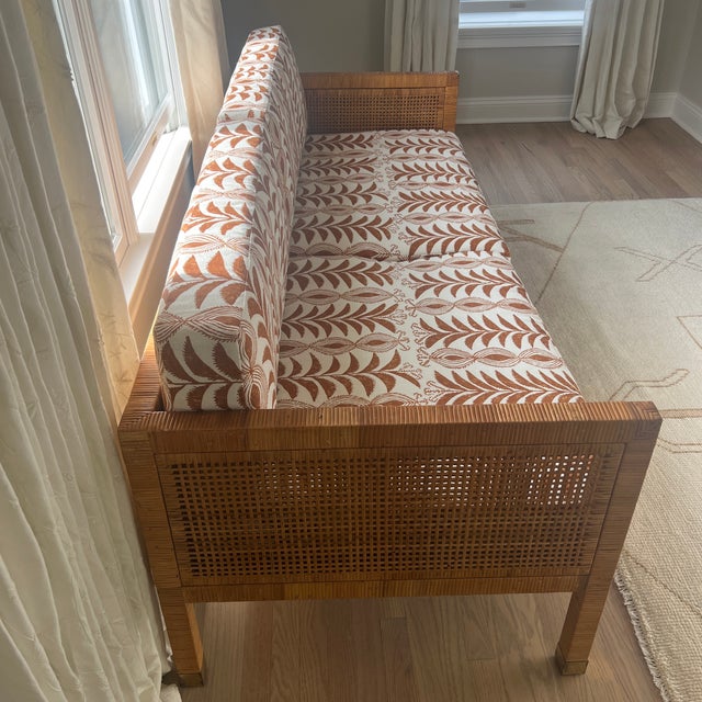 Billy Baldwin for Bielecky Brothers Mid Century Rattan Cane Tuxedo Sofa With Penny Morrison Linen Fabric For Sale - Image 9 of 9