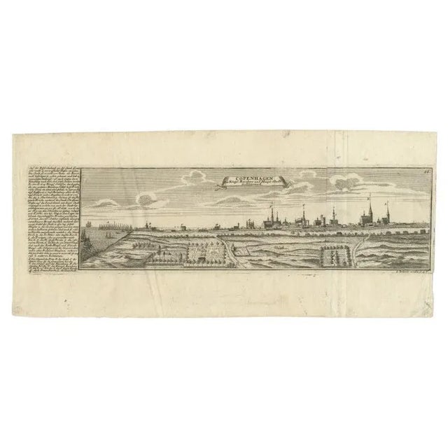 Antique print titled 'Copenhagen. Die Königl. Residenz und Haupt Stadt in Dänemark'. Panoramic view of the city of...