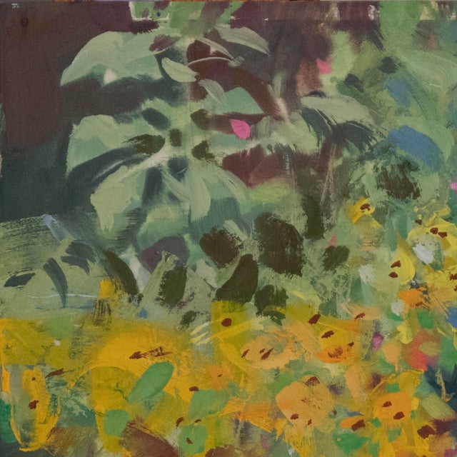 Green Backyard Rocker by Jeff Slemons | Gouache on illustration board Garden scene with chair and flowers. For Sale - Image 8 of 10