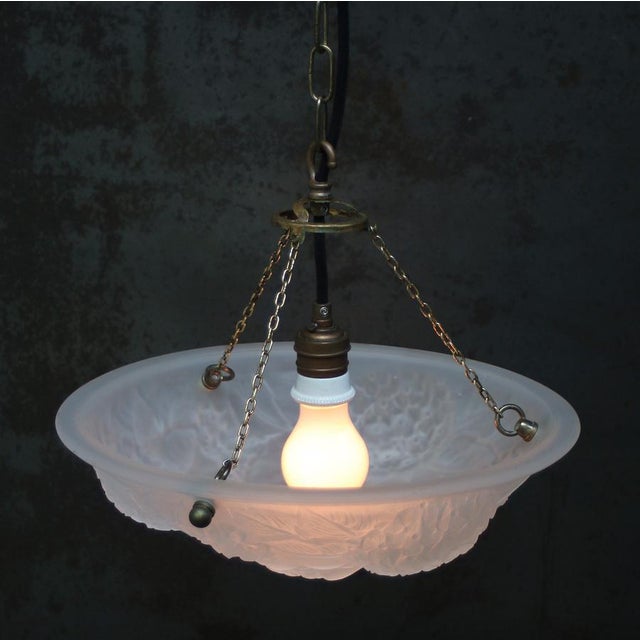 Metal Art Nouveau French Brass and White Pressed Glass Pendant Light, 1920s For Sale - Image 7 of 8