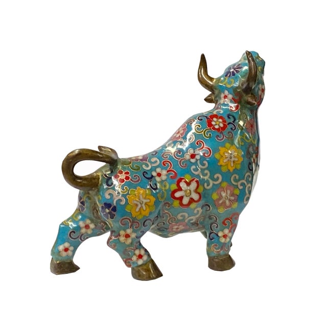 Vintage Metal Turquoise Blue Enamel Cloisonné Ox Figurine For Sale - Image 4 of 5
