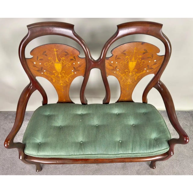 Queen Anne Queen Anne Style Mahogany & Marquetry Inlay Settee or Bench For Sale - Image 3 of 10
