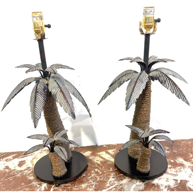 Late 20th Century Pair of British Colonial Style Tole and Rope Double Palm Tree Lamps For Sale - Image 10 of 12