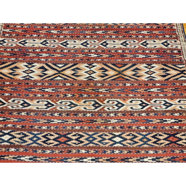 Brick Red Antique Turkmen Yomut Soumak Kilim, Handwoven Wool, Geometric Pattern, Rust & Blue, 5’ X 10’ For Sale - Image 8 of 13