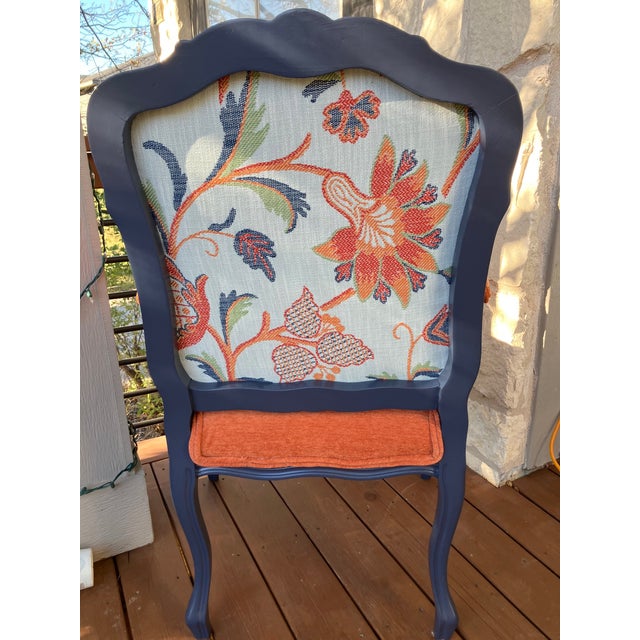 Hand-Painted French Provincial Armchair - Navy Blue & Orange Velvet - Whimsical Floral Reupholstered Accent Chair For Sale - Image 9 of 14