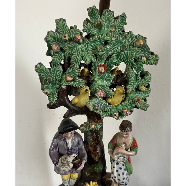 Antique Early 19th Century English Staffordshire Figure of a Georgian Couple With Dovecote Tree Mounted as a Table Lamp For Sale - Image 4 of 12