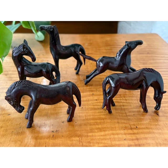 Black Vintage Carved Dark Wood Horse Figurines, Set of 5 Miniatures For Sale - Image 8 of 9