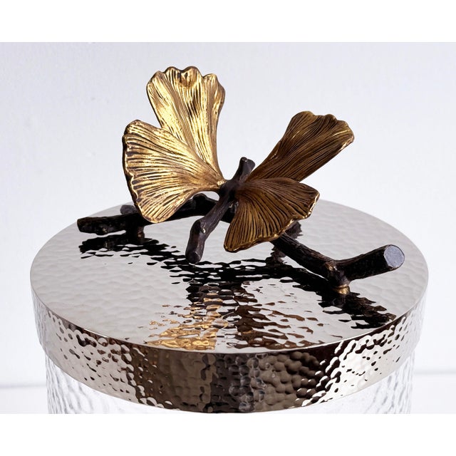 Contemporary Vintage Michael Aram Silver & Gold Ginkgo Leaf Glass Lidded Jar For Sale - Image 3 of 11