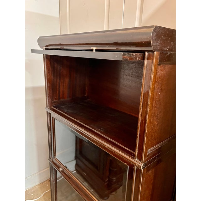 Brown 1940s French Mahogany 3-Stack Barrister Bookcase W/Beveled Glass For Sale - Image 8 of 13