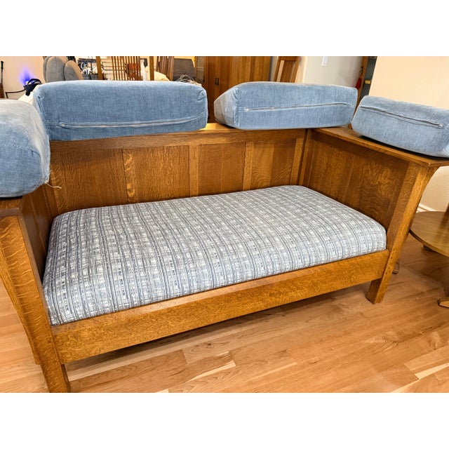 Wood 1990s Stickley Living Room Set, Prairie Sofa (Settle). Love Seat, Coffee Table and Round Table For Sale - Image 7 of 12