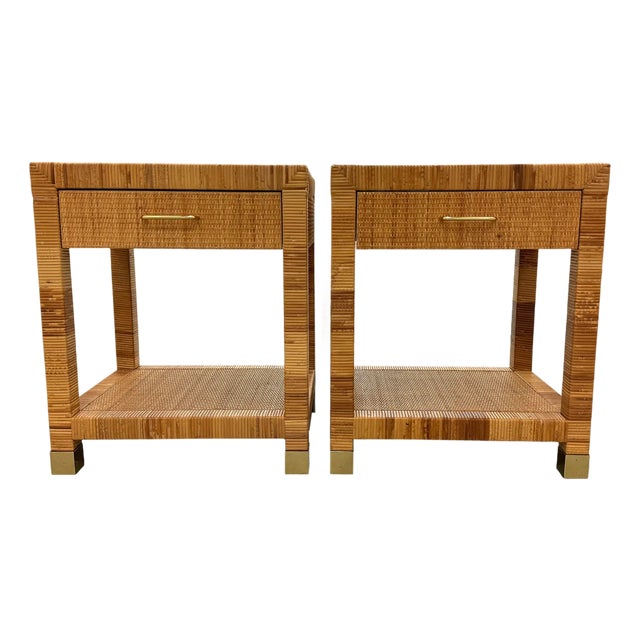 Signed Bielecky Brothers Caned Rattan Nightstands With Drawer For Sale