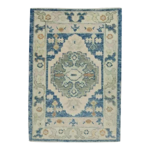 Early 21st Century Blue & Pink Geometric Design Handwoven Wool Turkish Oushak Rug 2'3" X 3'2"