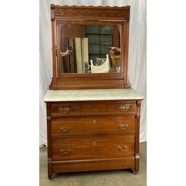 Antique Eastlake Style American Marble Top Carved Chest & Mirror Chairish