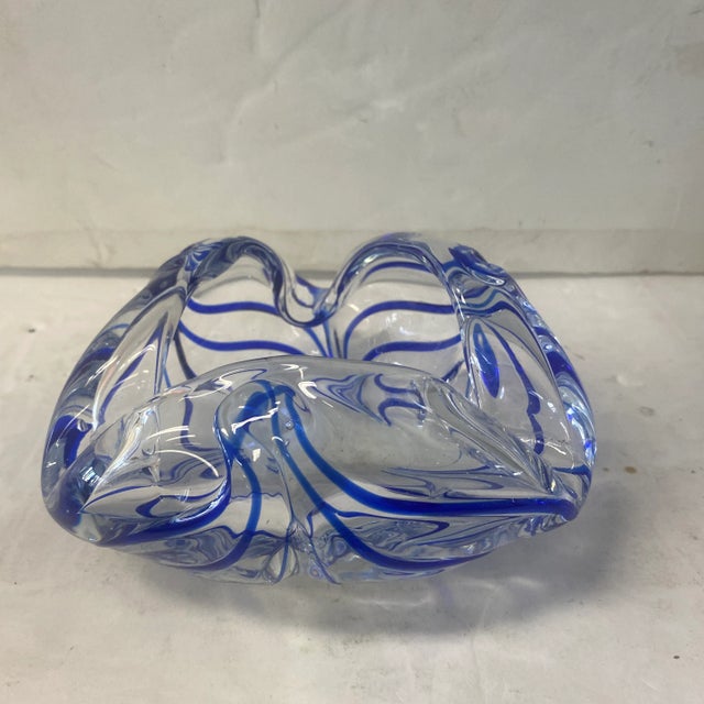 Beautiful small glass bowl with cobalt blue striped detail has a contemporary modern feel