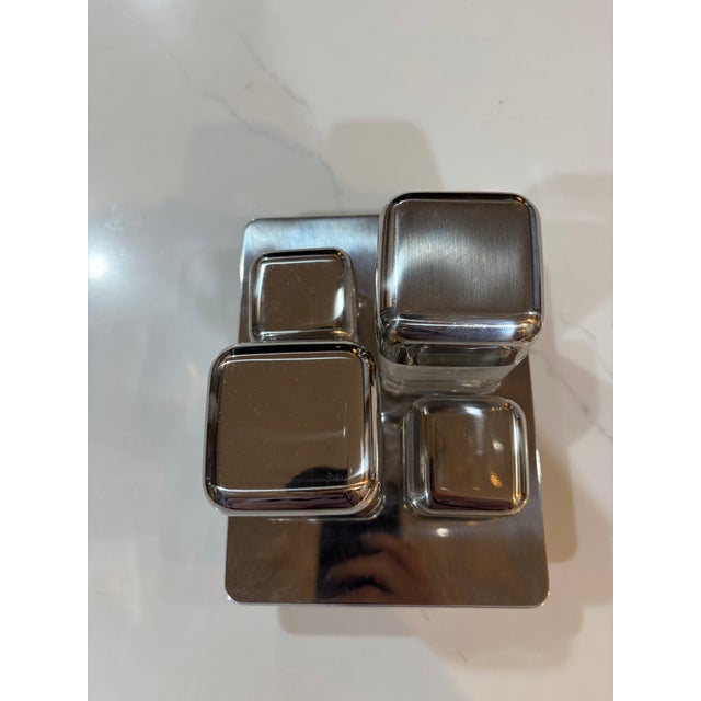 1970s Mid Century Modern Italian Musi Stainless Steel & Glass 4-Piece Condiment Set - 5ps For Sale - Image 9 of 11