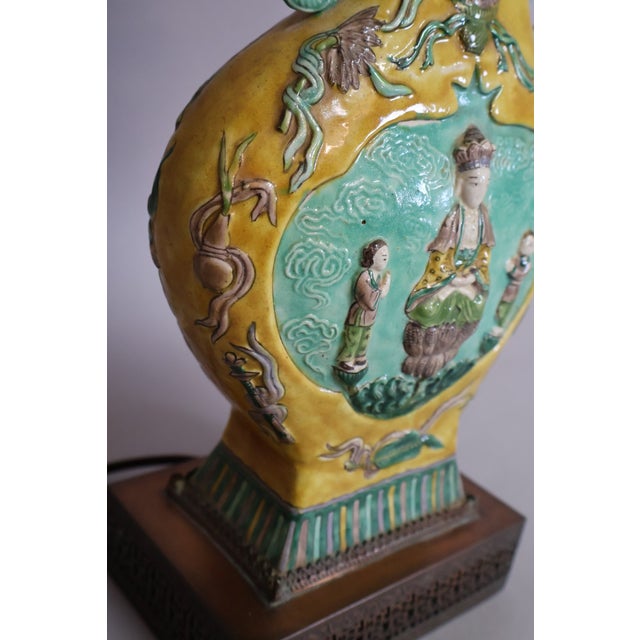 Vintage Chinese Famille Jaune Porcelain Guanyin Table Lamp With Dragon Handles, C. 1900 For Sale - Image 10 of 16