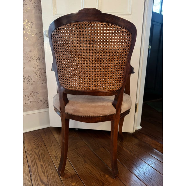 French Vintage Petite Carved Wood Arm Chair With Cane Back and Suede Seat For Sale - Image 3 of 12