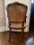 French Vintage Petite Carved Wood Arm Chair With Cane Back and Suede Seat For Sale - Image 3 of 12