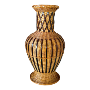 Vintage Boho Handmade Rattan & Ceramic Mixed-Material Vase