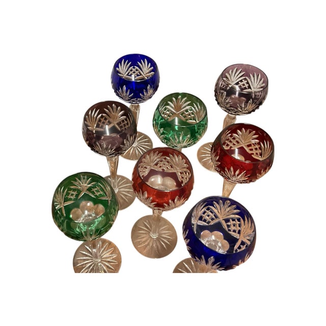 For sale in this listing are 8 Bohemian colored cut to clear wine hock glasses which measure 8 1/2" tall. Each is cut in a...