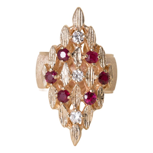 Vintage 14k Gold 1 Carat Ruby and Diamond Brutalist Navette Cock Ring, Size 7 For Sale