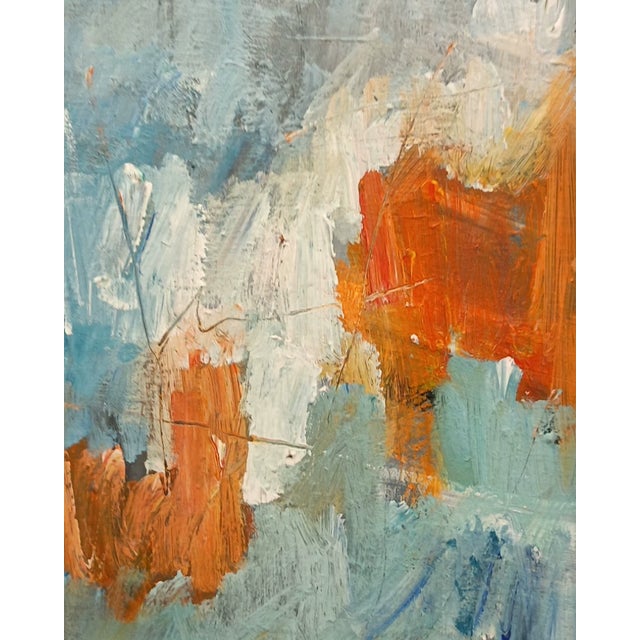 Wood 1986 Signed Abstract Painting in Blue and Orange With Solid Wood Frame For Sale - Image 7 of 7