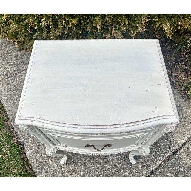 Wood Antique French Style Carved Table/Nightstand in Distressed Antique White Finish For Sale - Image 7 of 13
