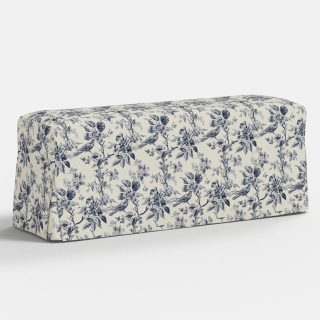 Spritely Home Stoffer Home x Cloth & Company Slipcover for Lindy Dining Bench in Bird Toile Navy For Sale - Image 4 of 5