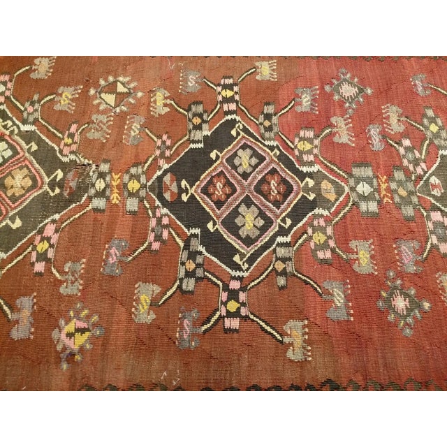 Red Vintage Turkish Tribal Kilim, Flat-Woven Medallion Pattern, Burgundy & Ivory, 5’ X 11’ For Sale - Image 8 of 12