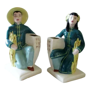 Weil Ware Pottery 1940's Made in California Pair of Asian Man & Woman Vases Planters