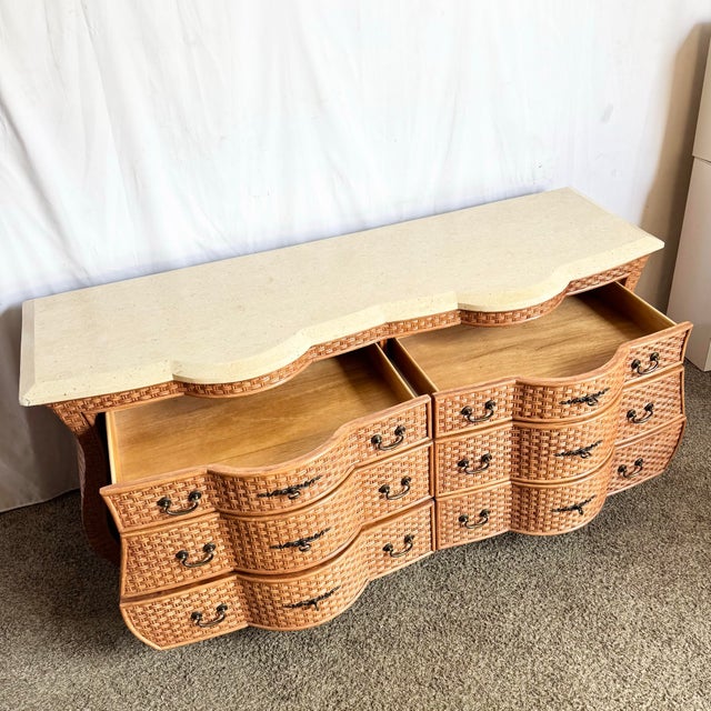 Boho Chic Vintage Boho Chic Tessellated Stone Top Wicker Dresser by Whitecraft For Sale - Image 3 of 8