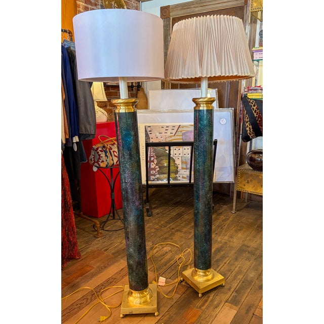 Pair of Galaxy brass floor lamps with column in dark green/teal base with a speckled, multi-color (subtle) finish...