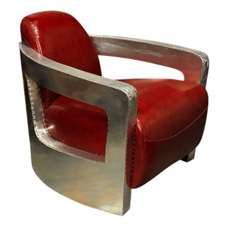 Polished Metal Aviator Armchair with Red Leather Upholstery For Sale
