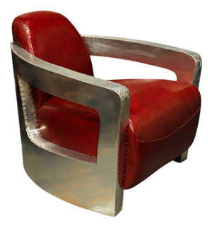Polished Metal Aviator Armchair with Red Leather Upholstery