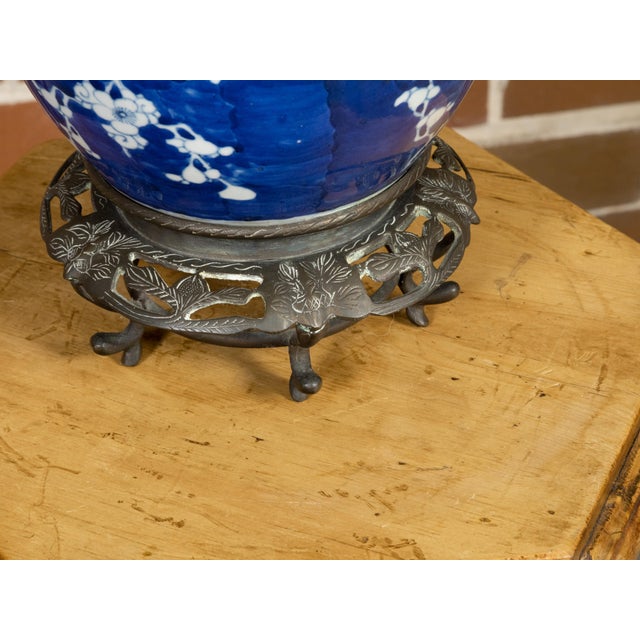 Metal Vintage Cobalt Blue Prunus Blossom Jar, Circa 1900 Made into US Wired Table Lamp For Sale - Image 7 of 8