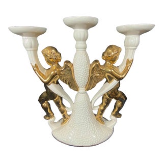 Vintage Italian Gold Gilt & Porcelain Angel Candelabra For Sale