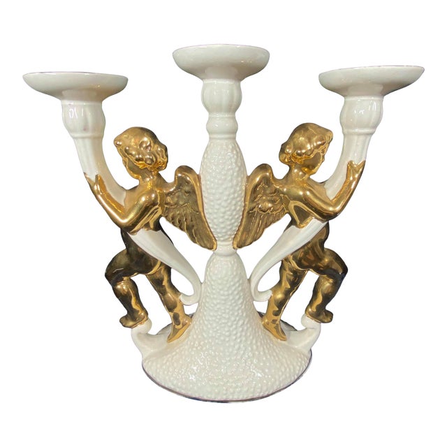 Vintage Italian Gold Gilt & Porcelain Angel Candelabra For Sale