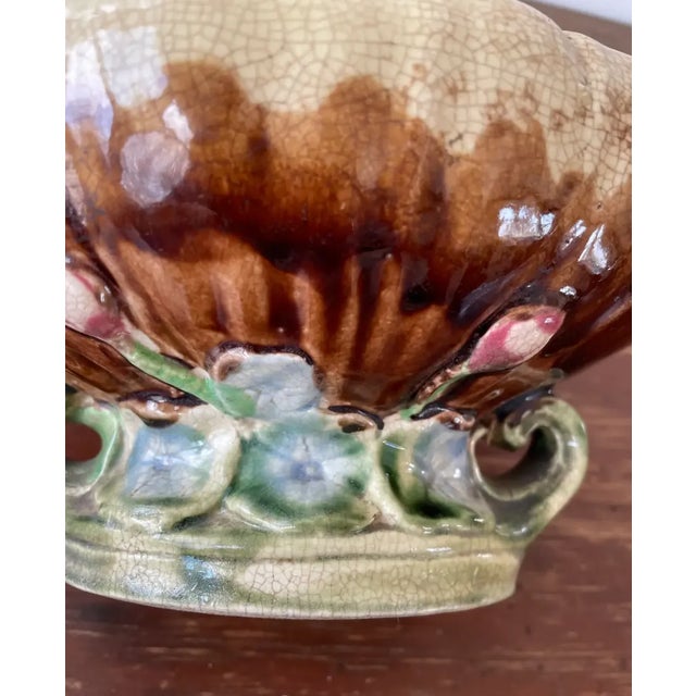 Vintage Majolica Seashell Pedestal Bowl With Floral Designed Base For Sale In New York - Image 6 of 10