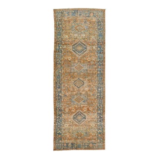Orange Antique Heriz Handmade Wool Runner Featuring an Allover Geometric Motif For Sale