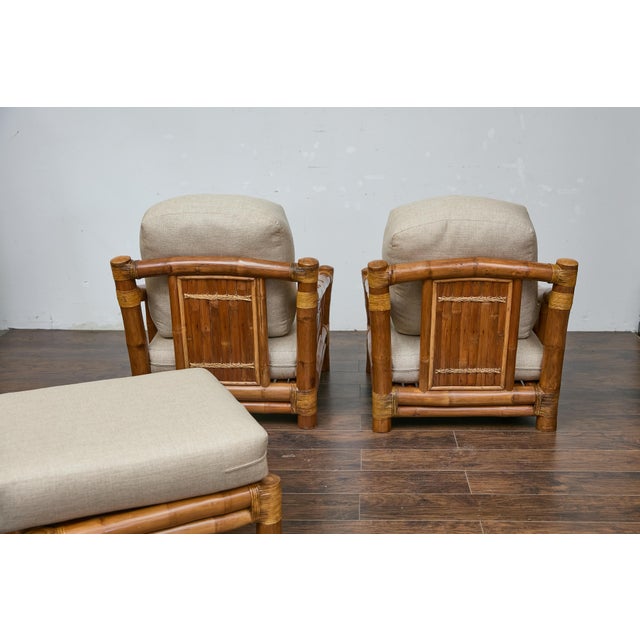 Midcentury Bamboo Lounge Chairs with Ottoman, Rattan Accents, and Linen Fabric For Sale - Image 12 of 12
