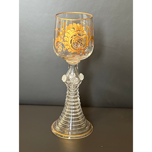 Glass Antique Moser St Louis Wine Glass Gold Gilt With Ribbed Stem For Sale - Image 7 of 12