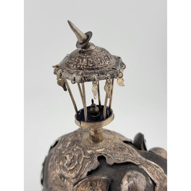 Rare Antique Indian Ebony Silver Overlay Jeweled Elephant W Real Ruby Stone. For Sale - Image 4 of 18