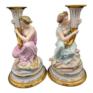 1860s Staffordshire England Sutherland & Sons Two Figurines Candlesticks 8.5" For Sale