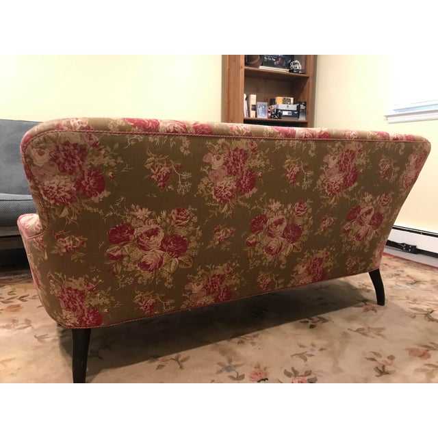 Traditional Lee Industries Amy Karyn Home Collection sofa, tailored tight back, softly rolled arms, turned legs in walnut...