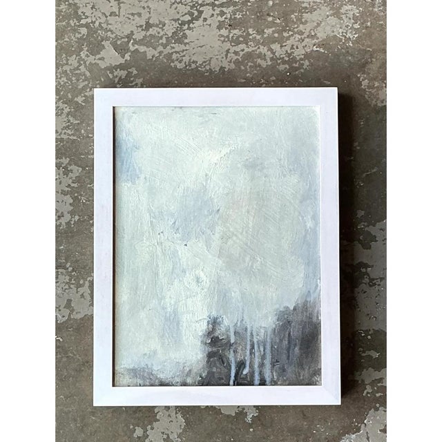 This vintage abstract expressionist painting is rendered in acrylic on wood, with broad, sweeping brushstrokes building a...