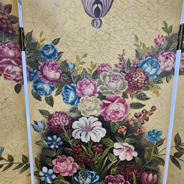 Yellow Vintage Hand-Painted Italianate Floral 3-Panel Dressing Screen Room Divider For Sale - Image 8 of 18